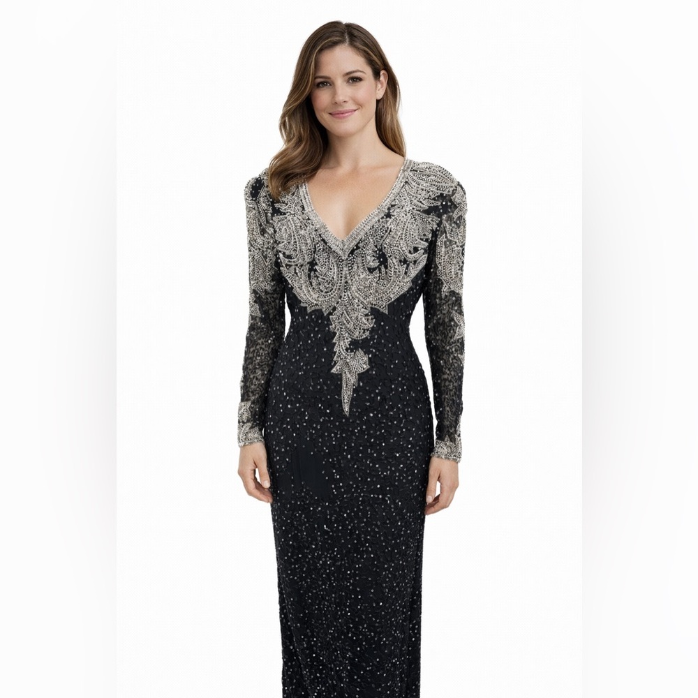 Vintage Fully Beaded Black Silver Evening Gown XL 14 Sequin Long Dress A…